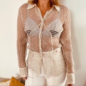 Max Studio Sheer 100% Crepe Silk Off White Cream with  Black  Pattern Size M